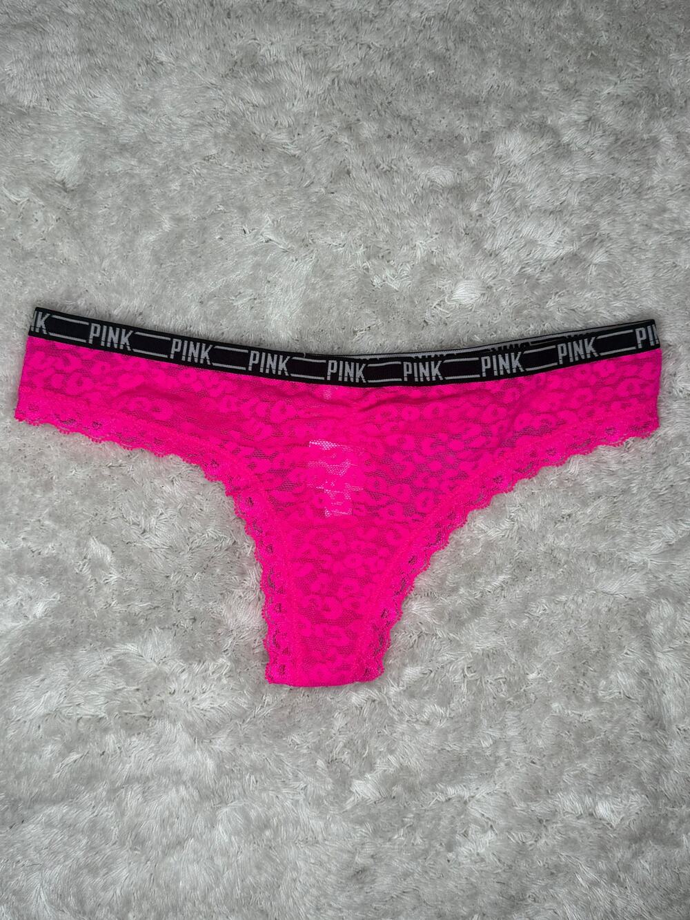NWT PINK VS Hot Pink Leopard Lace Extra Low Rise Thong S Logo Waist